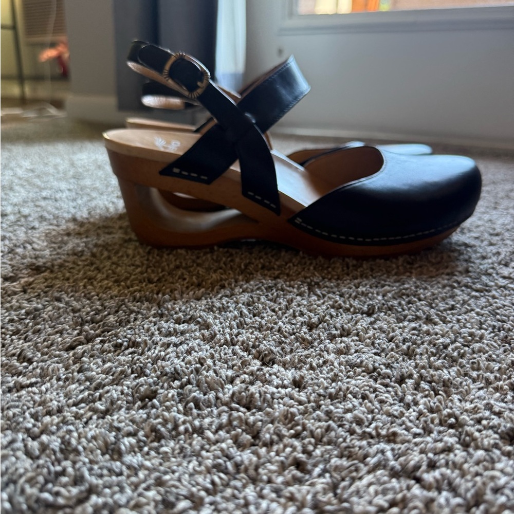 Dansko “Tracy” Black Leather Mules with Ankle Strap